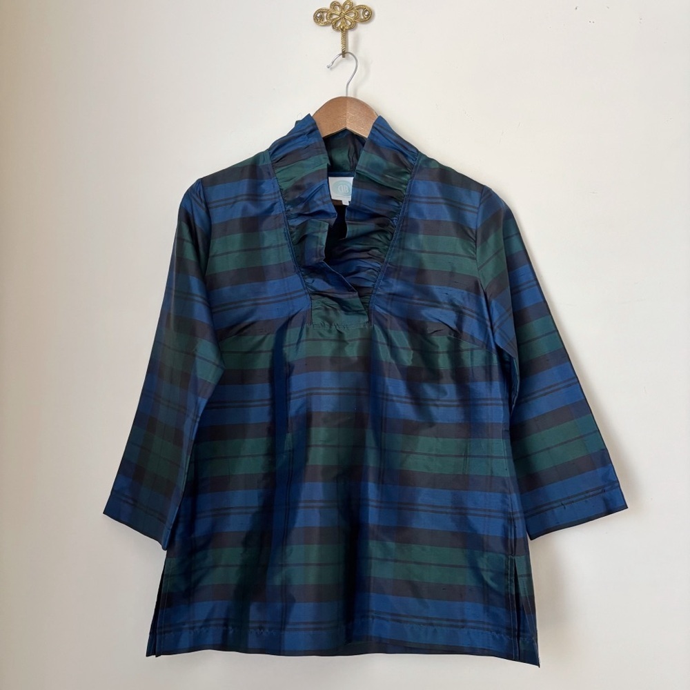 Devon Baer Silk Shantung Plaid Ruffle Collar Tunic Top Medium Classic Preppy